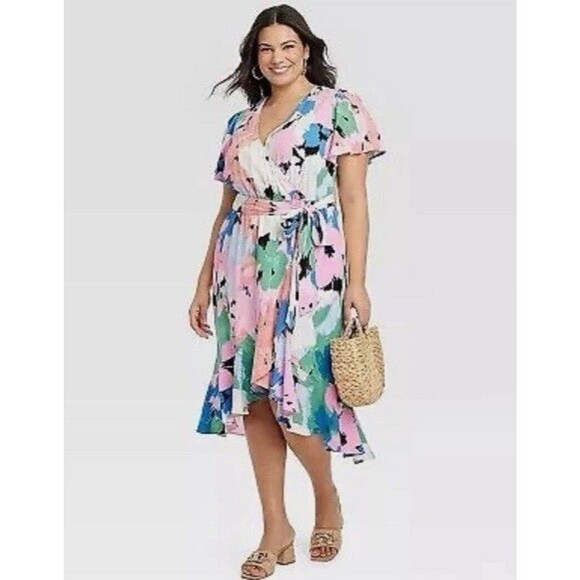 Ava & Viv Floral Flutter Short Sleeve Midi Wrap Dress XXL NEW Pockets - Picture 2 of 11